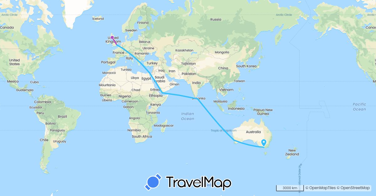 TravelMap itinerary: driving, train, boat in Australia, Egypt, United Kingdom, Sri Lanka, Yemen (Africa, Asia, Europe, Oceania)